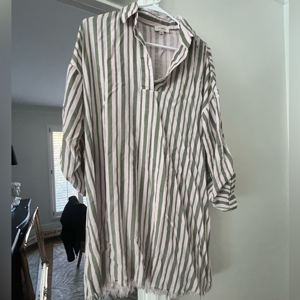 Umgee Green and White Striped Blouse Dress l L
